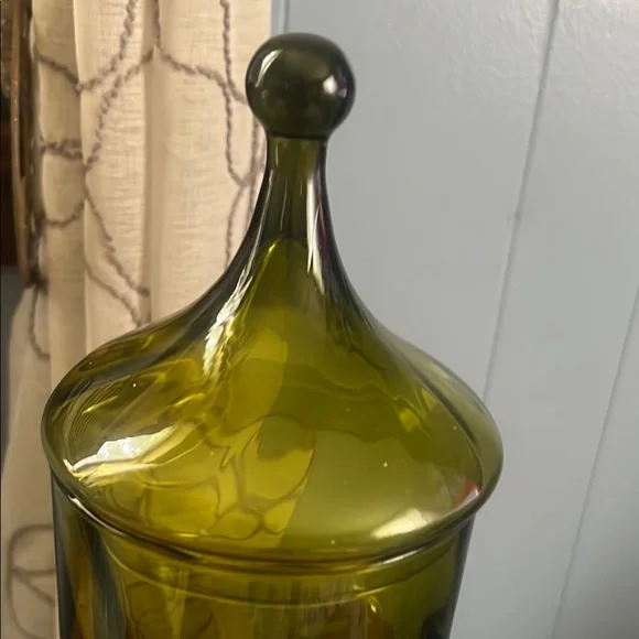 Vintage Elegant Olive Green Glass Jar with Decorative Lid - Picture 2 of 7